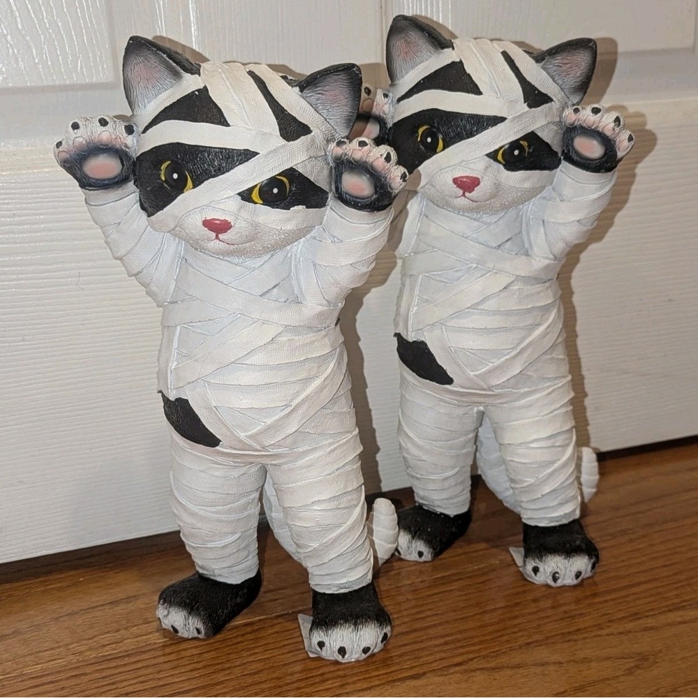 Whimsigoth Mummy Black Kitty Cat Resin Paws Gothic Spooky Decor 11" Set of 2